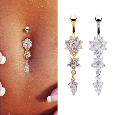 Pretty CZ Crystal Flower Body Jewelry Belly Button Dangle Drop Ring | Body Chain and Sexy Jewelry for Women