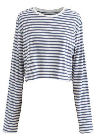 Cropped Long Sleeves Stripes Knit Top in Dusty Blue - Retro, Indie and Unique Fashion