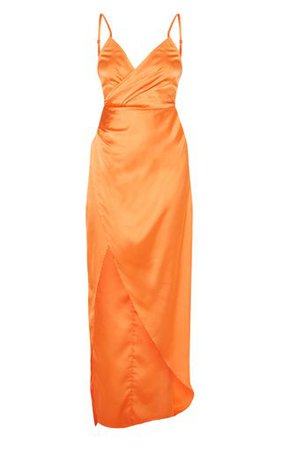 Petite Orange Satin Wrap Detail Maxi Dress | PrettyLittleThing IE