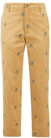 Floral Embroidered Straight Leg Twill Trousers - Womens - Beige Multi