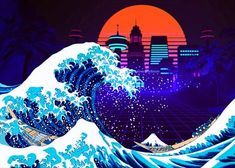 Vaporwave Aesthetic Great Wave Off Kanagawa Retro Sunset Poster