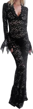 Amazon.com: Women's Sexy Lace Long Bodycon Dress Long Sleeve V Neck Evening Dress Lace Floral Party Dress : Clothing, Shoes & Jewelry