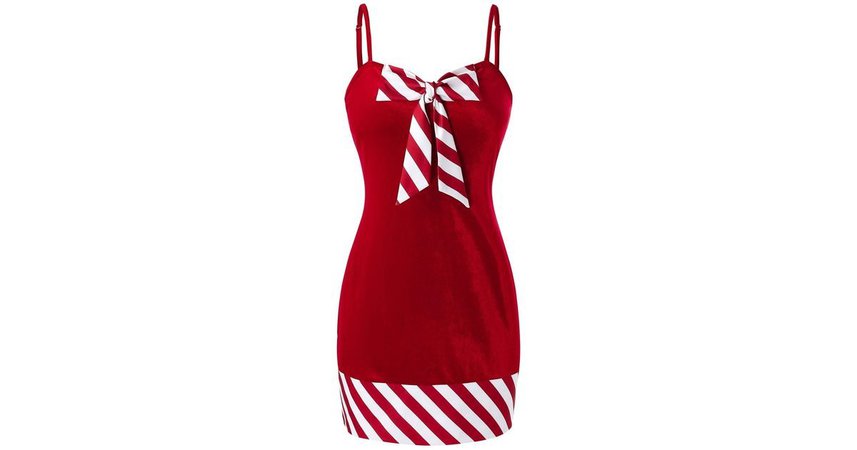 Rosegal Red Plus Size Christmas Bowknot Striped Velvet Dress