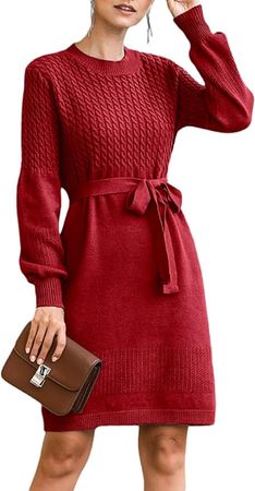 Dyexces Sweater Dress for Women Crewneck Cable Knit Midi Sweater Dresses Long Lantern Sleeve Soft Winter Pullover Dress Burgundy Red at Amazon Women’s Clothing store