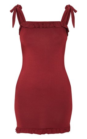 Wine Frill Tie Shoulder Bodycon Dress | PrettyLittleThing