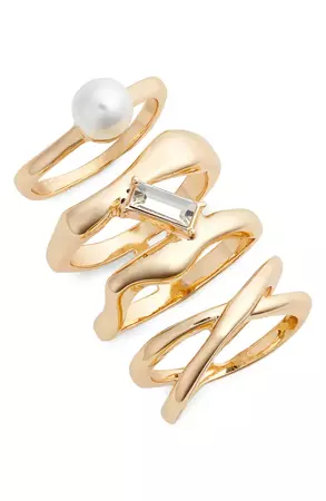 Open Edit Set of 3 Imitation Pearl Wavy Band Rings | Nordstrom