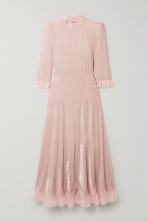 Tulle-trimmed Velvet Midi Dress - Baby pink