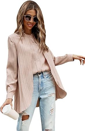 WDIRARA Women's Button Front Long Sleeve Asymmetrical Hem Long Shirt Blouse at Amazon Women’s Clothing store