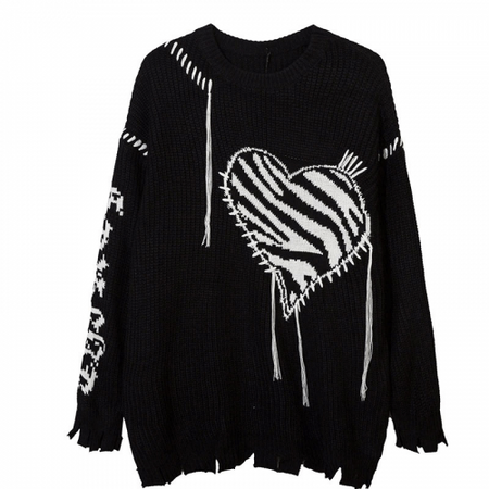 Striped Heart Line Oversized Knit Sweater