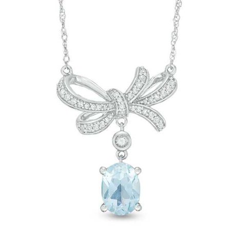 Oval Blue Topaz, White Sapphire and 1/6 CT. T.W. Diamond Bow Necklace in 10K White Gold - 17" | Expressionist | Collections | Zales