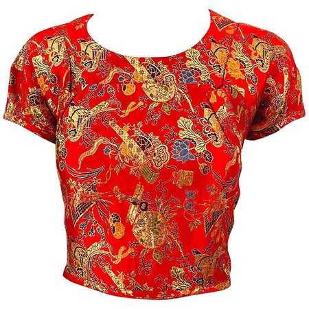 Rare Comme des Garcons Junya Watanabe 1990s Asian Print Lipstick Red Crop Top For Sale at 1stdibs