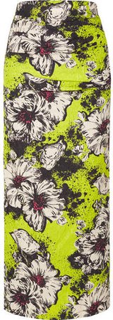 Ruched Floral-print Silk-blend Cloqué Midi Skirt - Green