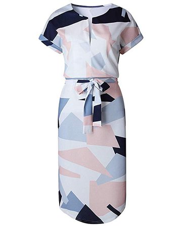 Amazon.com: Echoine Geometric Palazzo Patchwork Women Summer Dress - V Neck Short Sleeve Casual Floral Midi Work Dress with Belt: Clothing