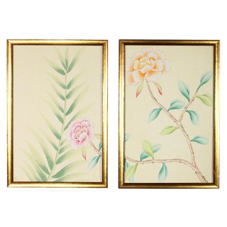Chinoiserie Wallpaper Floral Garden Detail Diptych Paintings on Palest Yellow Silk - 2 Pieces | Chairish