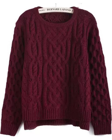 Wine Red Long Sleeve Cable Knit Dipped Hem Sweater | SHEIN USA