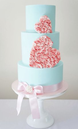 baby blue wedding cake with pink heart sugar ruffles | Deer Pearl Flowers
