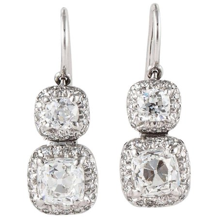 Old Mine-Cut Diamond Drop Earrings in Platinum For Sale at 1stDibs