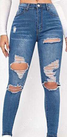 SHEIN Essnce Ripped Moustache Effect Skinny Jeans
