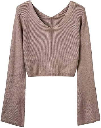 Arjungo Women's Long Bell Sleeve Crop Sweater Top Knitted V Neck Pullover Jumper Top Black at Amazon Women’s Clothing store
