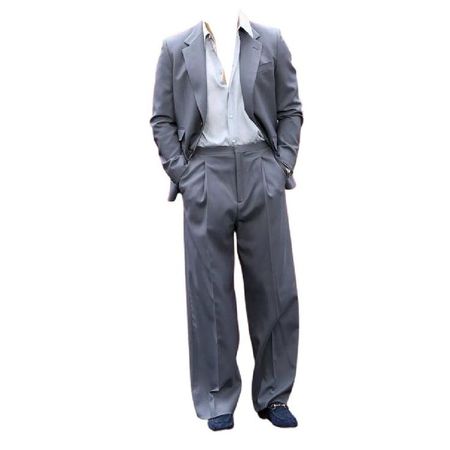 blue gray baggy suit dress shirt suede shoes full outfit png