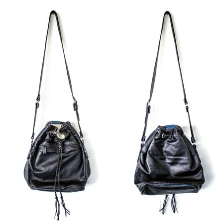 Vintage 1990's Black Bucket Bag Crossbody Bag with Blue