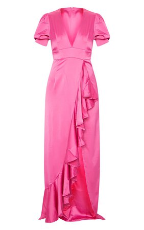 Fuchsia Satin Short Sleeve Frill Detail Maxi Dress | PrettyLittleThing USA