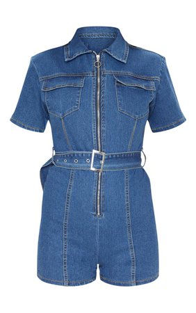 MID WASH ZIP FRONT BELTED HOTPANT ROMPER