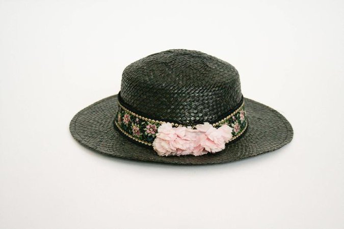 Vintage Natural Straw Sun Hat Black w. Floral Ribbon Boho | Etsy