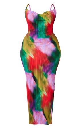 Plus Multi Printed Plisse Cowl Neck Maxi Dress | PrettyLittleThing USA