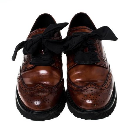 Prada Brown Brogue Leather Spazzolato Oxfords Size 37 Flats