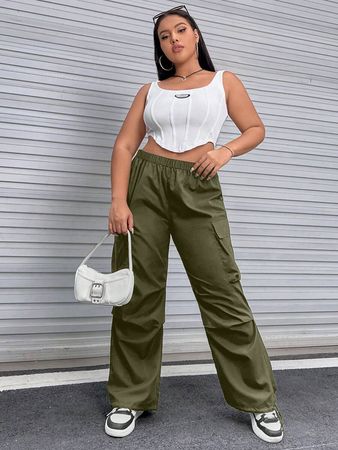 SHEIN EZwear Women's Plus Size Elastic Waistband Flap Pocket Jogger Pants With Cuffed Hem | SHEIN USA