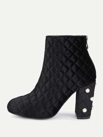 Faux Pearl Quilted Block Heeled Ankle Boots
