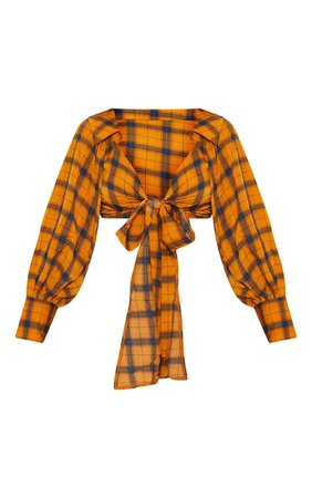 Orange Check Tie Front Shirt | Tops | PrettyLittleThing USA