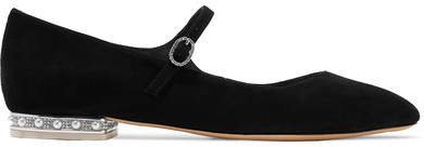 Toni Crystal And Faux Pearl-embellished Suede Mary Jane Ballet Flats - Black