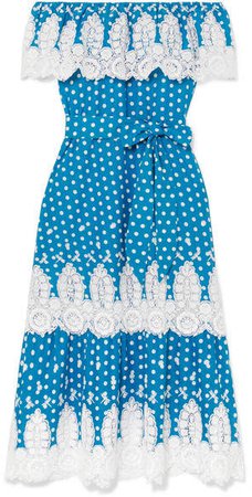 Lisselle Off-the-shoulder Crocheted Polka-dot Cotton Dress - Azure