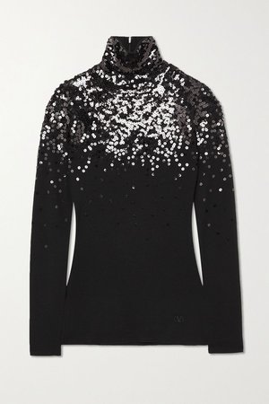 Black Sequin-embellished wool turtleneck sweater | Valentino | NET-A-PORTER
