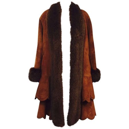 Christia Cognac Shearling Swing Coat With Fox Trim and Scalloped Tiered Hem