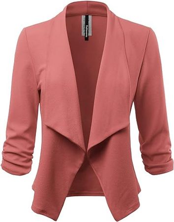 FASHIONOLIC Women's Stretch 3/4 Gathered Sleeve Open Blazer Jacket (Made in USA) at Amazon Women’s Clothing store