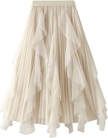 Dirholl Women's A-Line Fairy Elastic Waist Tulle Midi Skirt Scallop Apricot at Amazon Women’s Clothing store