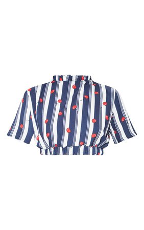 Navy Cherry Stripe Print High Neck Short Sleeve Top | PrettyLittleThing