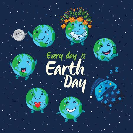 Every Day Is Earth Day. Card Of Cute Cartoon Globes With Different.. Royalty Free Cliparts, Vectors, And Stock Illustration. Image 55002926.