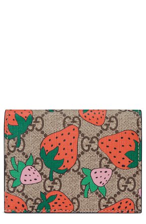 Gucci Strawberry Print GG Supreme Canvas Card Case | Nordstrom