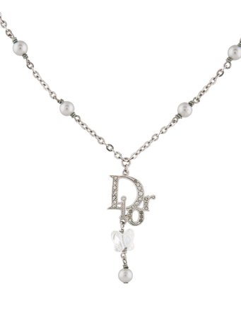 Dior Faux Pearl & Crystal Butterfly Logo Pendant Necklace