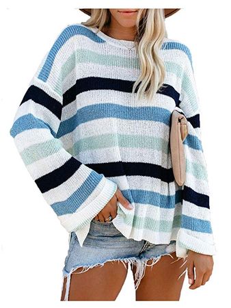 Kaei&Shi Oversized Sweaters for Women Bell Sleeve Tops Color Block Knitted Sweater Striped Fall Pullover at Amazon Women’s Clothing store