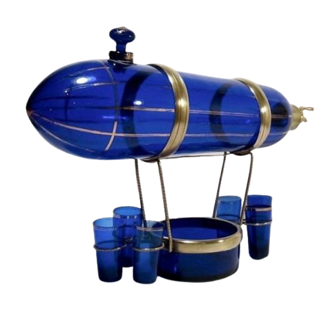1920’s Zeppelin/Hindenburg Airship Cobalt Blue Glass Decanter/Shaker Set w/6 Shots