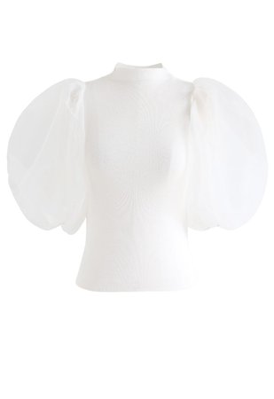 Chic Wish Fitted Organza Bubble Sleeves Knit Top in White - Retro, Indie and Unique Fashion