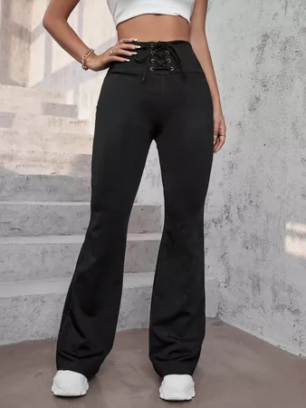 Grommet Lace Up Front Flare Leg Pants | SHEIN USA