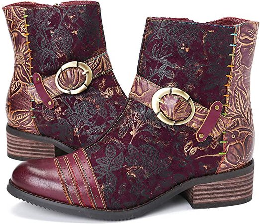 Amazon.com | gracosy Ankle Boots for Women, Leather Ankle Bootie Vintage Fashion Short Boots Side Zipper Floral Pattern Comfort Shoes Ladies Winter Boots Red 6 M US | Ankle & Bootie