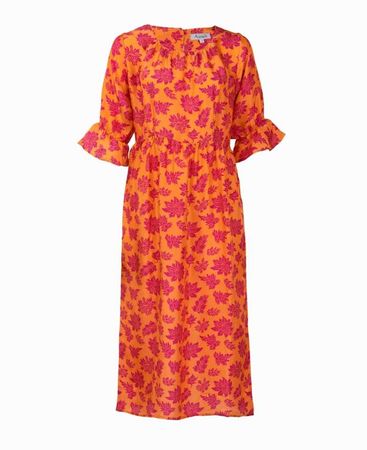 Asneh - Natalie Midi Silk Dress In Orange With Pink Purple Print
