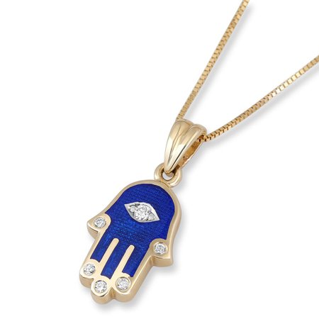 14K Yellow Gold and Blue Enamel Hamsa Pendant with Diamond Fingers and Evil Eye, Jewish Jewelry | Judaica WebStore